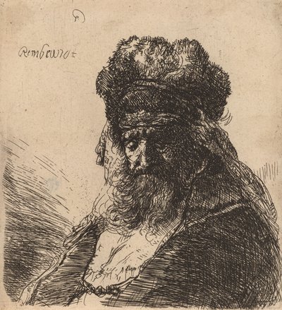 Velho barbudo em um gorro de pele alta, com os olhos fechados, c. 1635. de Rembrandt van Rijn