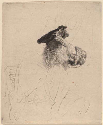 Velho protegendo os olhos com a mão de Rembrandt van Rijn