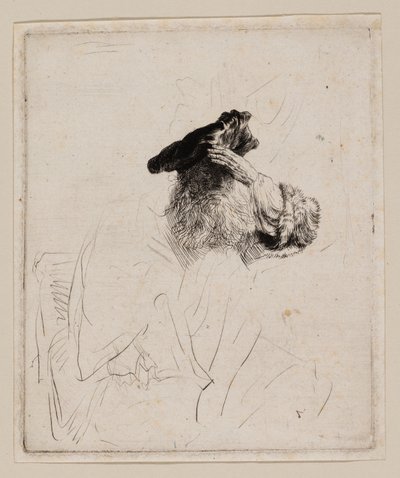 Velho protegendo os olhos com a mão de Rembrandt van Rijn