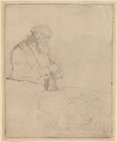 Velho em meditação, apoiando-se em um livro de Rembrandt van Rijn