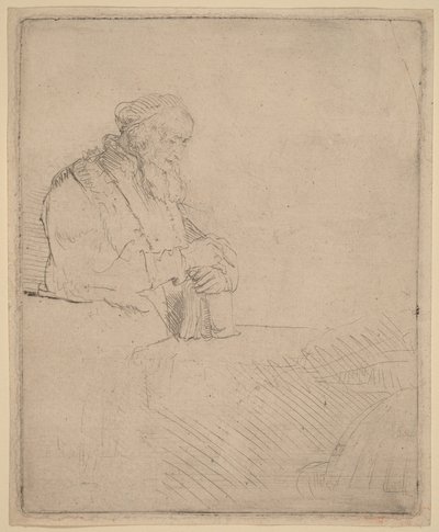 Ancião em meditação, apoiado num livro de Rembrandt van Rijn