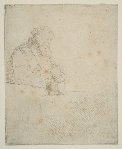 Velho em meditação, apoiando-se em um livro, c. 1645. de Rembrandt van Rijn