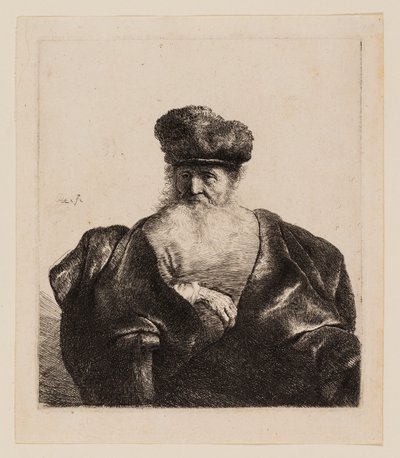 Velho com barba, gorro de pele e manto de veludo de Rembrandt van Rijn