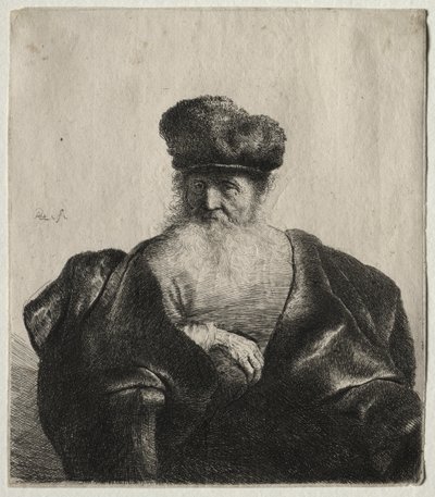 Velho com barba, gorro de pele e manto de veludo de Rembrandt van Rijn