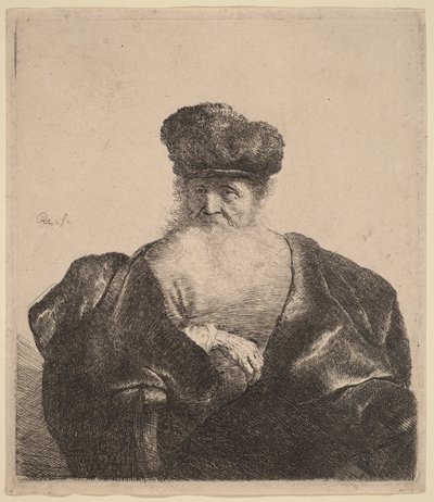 Ancião com barba, gorro de pele e capa de veludo de Rembrandt van Rijn