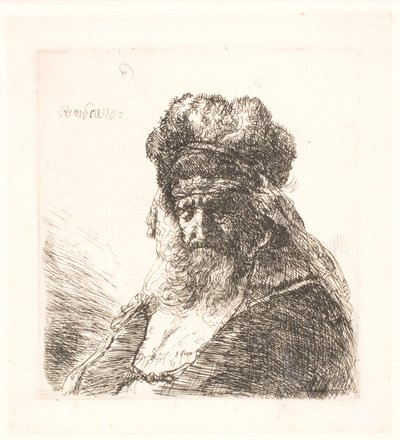 Velho barbudo com um gorro de pele alto, com os olhos fechados de Rembrandt van Rijn
