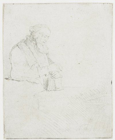 Ancião em meditação, apoiado num livro de Rembrandt van Rijn