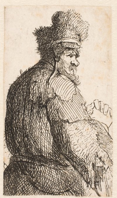 Homem idoso visto de costas: de perfil para a direita: figura a meio corpo de Rembrandt van Rijn