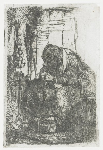 Anciã com cebolas, sentada numa cabana de Rembrandt van Rijn