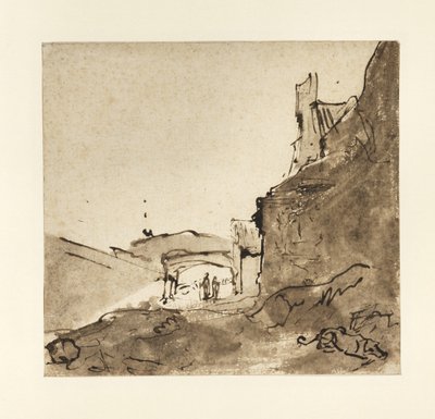 Periferia de uma cidade com paredes e uma porta, c.1627-28 (nanquim com tinta sobre papel) de Rembrandt van Rijn