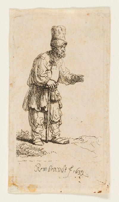 Camponês em um boné alto, em pé apoiado em uma vara de Rembrandt van Rijn