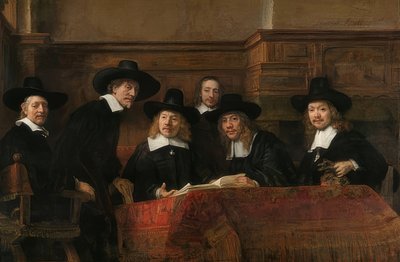 Retrato das cabeças da guilda de panos em Amsterdã. 1662 de Rembrandt van Rijn