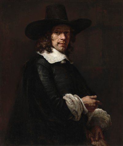 Retrato de um cavalheiro com um chapéu alto e luvas, c. 16561658. de Rembrandt van Rijn