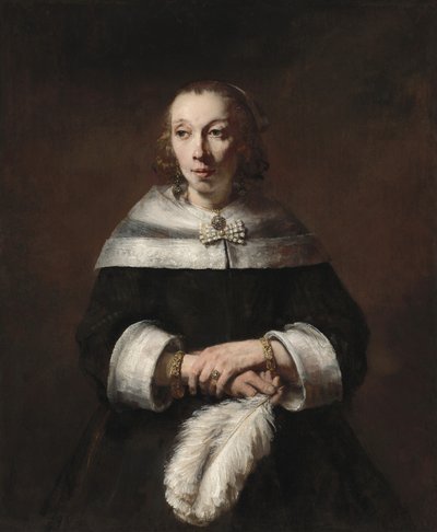Retrato de uma mulher com um leque de penas de avestruz de Rembrandt van Rijn