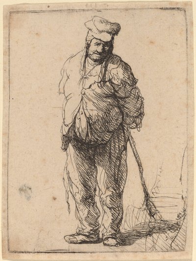 Camponês esfarrapado com as mãos atrás dele, segurando uma vara de Rembrandt van Rijn