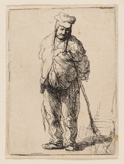 Camponês esfarrapado com as mãos atrás dele, segurando uma vara de Rembrandt van Rijn