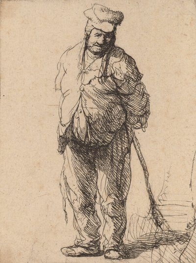 Camponês esfarrapado com as mãos atrás dele, segurando uma vara, c. 1630. de Rembrandt van Rijn