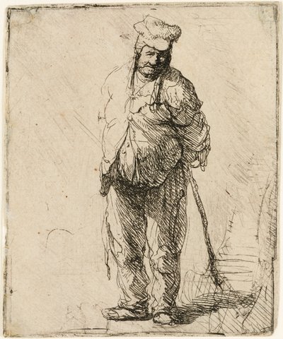 Camponês esfarrapado com as mãos atrás dele, segurando uma vara, c.1630. de Rembrandt van Rijn