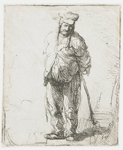 Camponês maltrapilho, com as mãos atrás das costas, segurando um pau de Rembrandt van Rijn