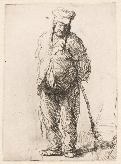 Camponês maltrapilho, com as mãos atrás das costas, segurando um pau de Rembrandt van Rijn