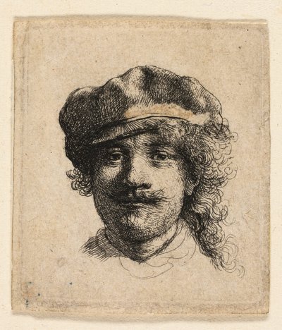 Rembrandt usando um boné macio: rosto inteiro: somente cabeça de Rembrandt van Rijn