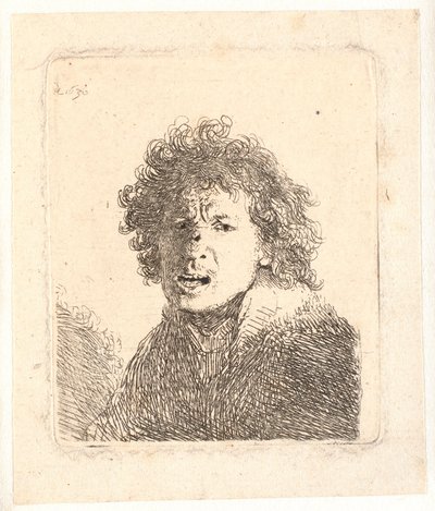 Rembrandt com a cabeça descoberta e a boca aberta, como se gritasse: busto de Rembrandt van Rijn