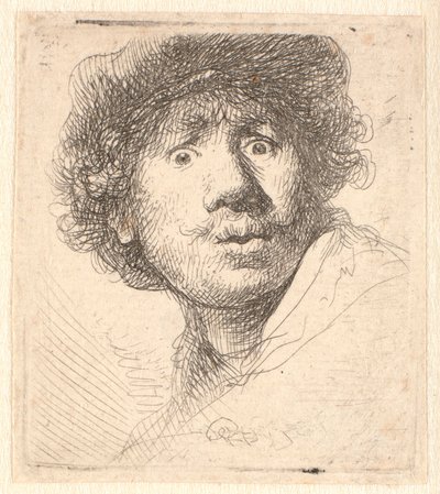 Rembrandt de boné, de boca aberta e olhando: busto em contorno de Rembrandt van Rijn