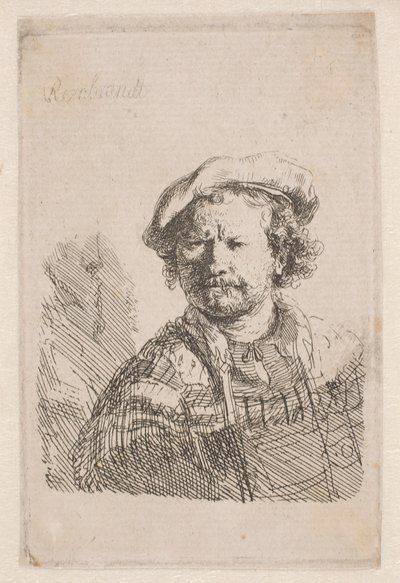 Rembrandt em um boné chato com um xale sobre os ombros de Rembrandt van Rijn