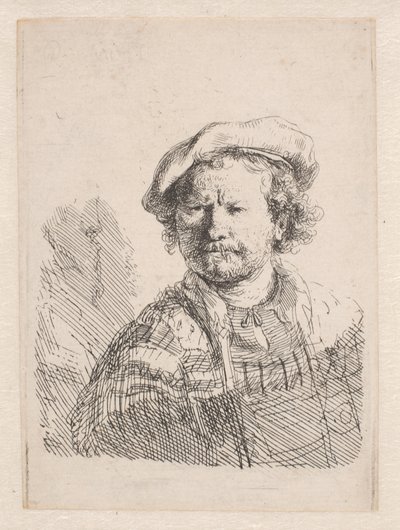 Rembrandt em um boné chato com um xale sobre os ombros de Rembrandt van Rijn