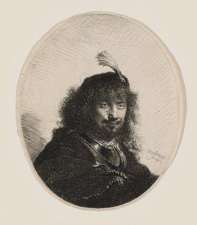 Rembrandt com gorro com plumas e sabre abaixado de Rembrandt van Rijn