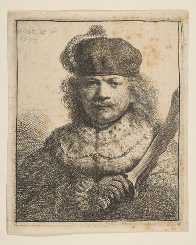 Rembrandt com Raised Saber, 1634. de Rembrandt van Rijn