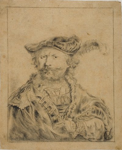 Rembrandt com um chapéu emplumado de Rembrandt van Rijn