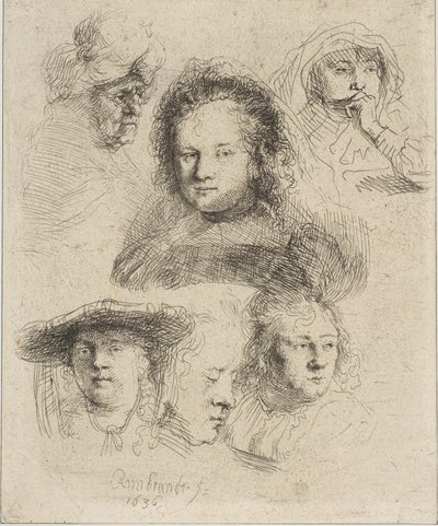 A esposa de Rembrandt e cinco outras cabeças, 1636. de Rembrandt van Rijn