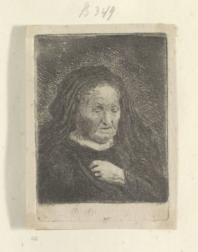 A mãe de Rembrandt com a mão no peito: busto pequeno Recueil de quatre-vingt-cinq estampes originales (título da série) de Rembrandt van Rijn