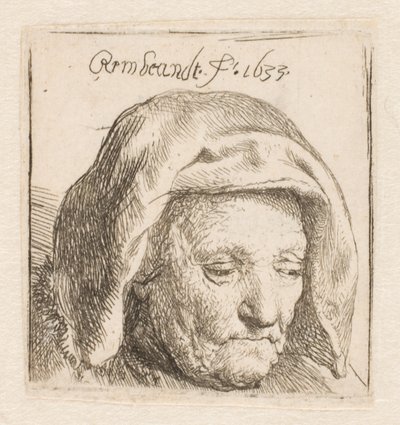 A mãe de Rembrandt com um toucado de pano, com o olhar voltado para baixo: apenas a cabeça de Rembrandt van Rijn
