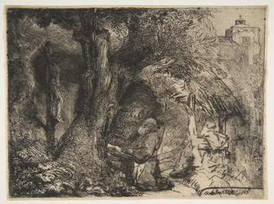 São Francisco debaixo de uma árvore, rezando, 1657. de Rembrandt van Rijn