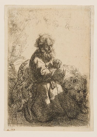 São Jerónimo ajoelhado em oração, com o olhar voltado para baixo de Rembrandt van Rijn