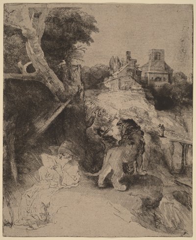 São Jerónimo a ler numa paisagem italiana de Rembrandt van Rijn