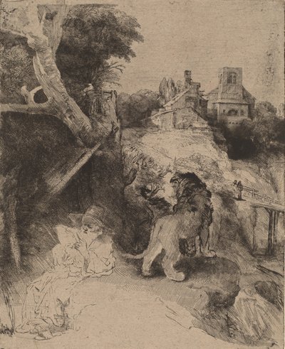 São Jerônimo lendo em uma paisagem italiana, c. 1653. de Rembrandt van Rijn