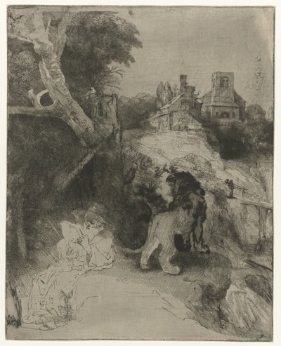 São Jerônimo lendo em uma paisagem italianizada São Jerônimo lendo em uma paisagem italiana de Rembrandt van Rijn
