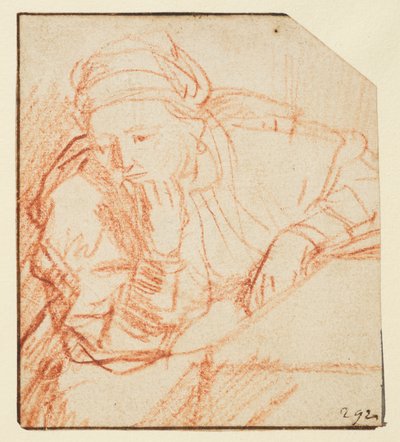 Saskia sentado em uma mesa, de Rembrandt van Rijn