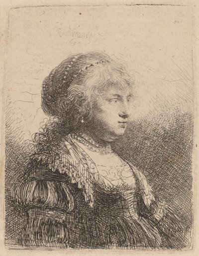 Saskia com pérolas no cabelo dela, 1634 de Rembrandt van Rijn