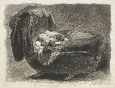Criança dormindo em um berço (tipo esbofeteado em um berço) de Rembrandt van Rijn