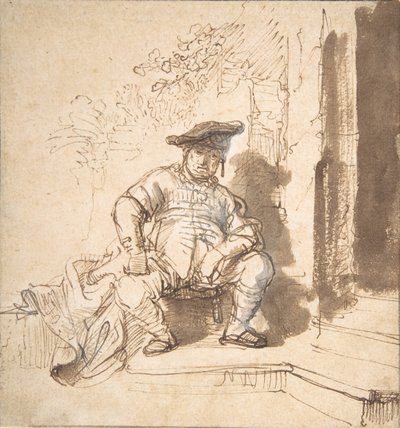 Homem sentado usando um boné chato, 1635-40. de Rembrandt van Rijn