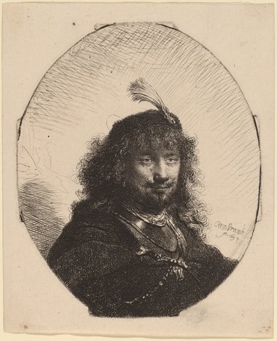 Autorretrato (?) com gorro emplumado e sabre rebaixado de Rembrandt van Rijn