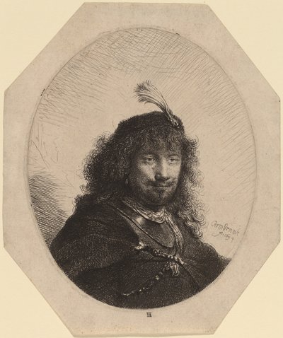 Autorretrato (?) com gorro emplumado e sabre rebaixado de Rembrandt van Rijn