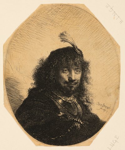 Autorretrato (?) com gorro emplumado e sabre rebaixado de Rembrandt van Rijn