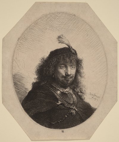 Auto-retrato () com gorro com plumas e sabre abaixado de Rembrandt van Rijn