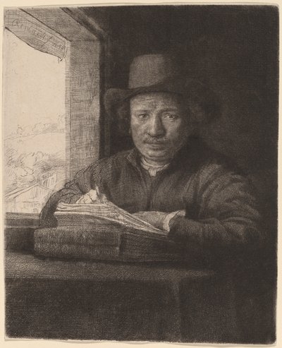 Self-Portrait Drawing at a Window de Rembrandt van Rijn