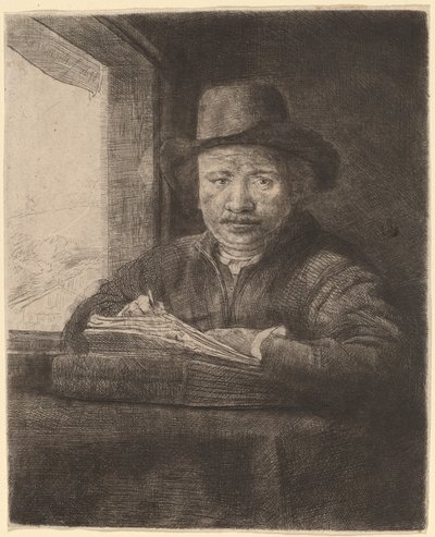 Desenho de autorretrato em uma janela de Rembrandt van Rijn
